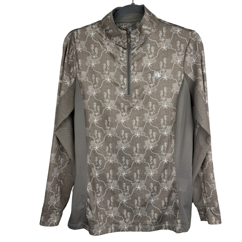 Romfh Chill Factor 1/4 Zip Top Size M Taupe Vented Equestrian Seahorse Print